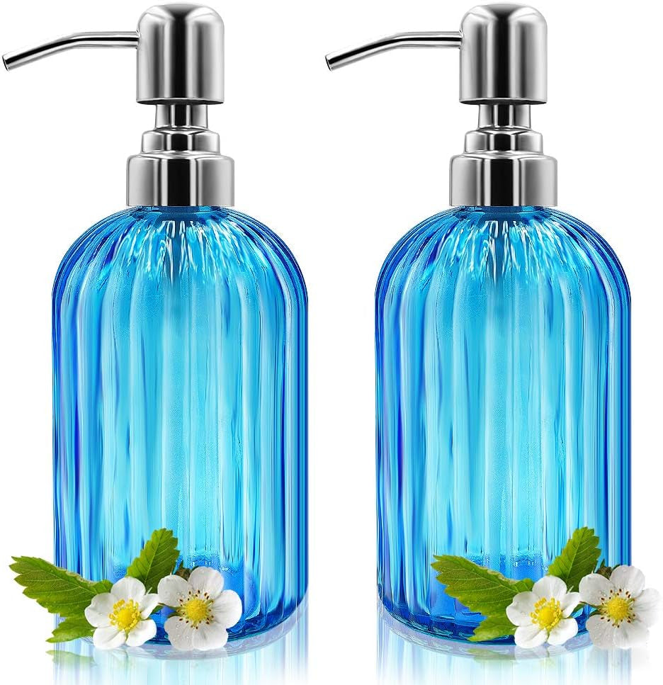 Glass Soap Dispenser Set – 2 Refillable 14 oz Bottles with Stainless Pumps
