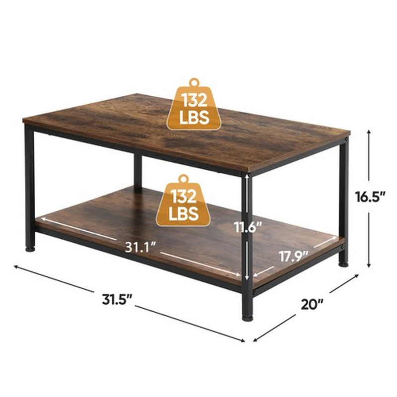 Rustic Wood Coffee Table Rectangular Coffee Table with Storage Shelf Durable 31"