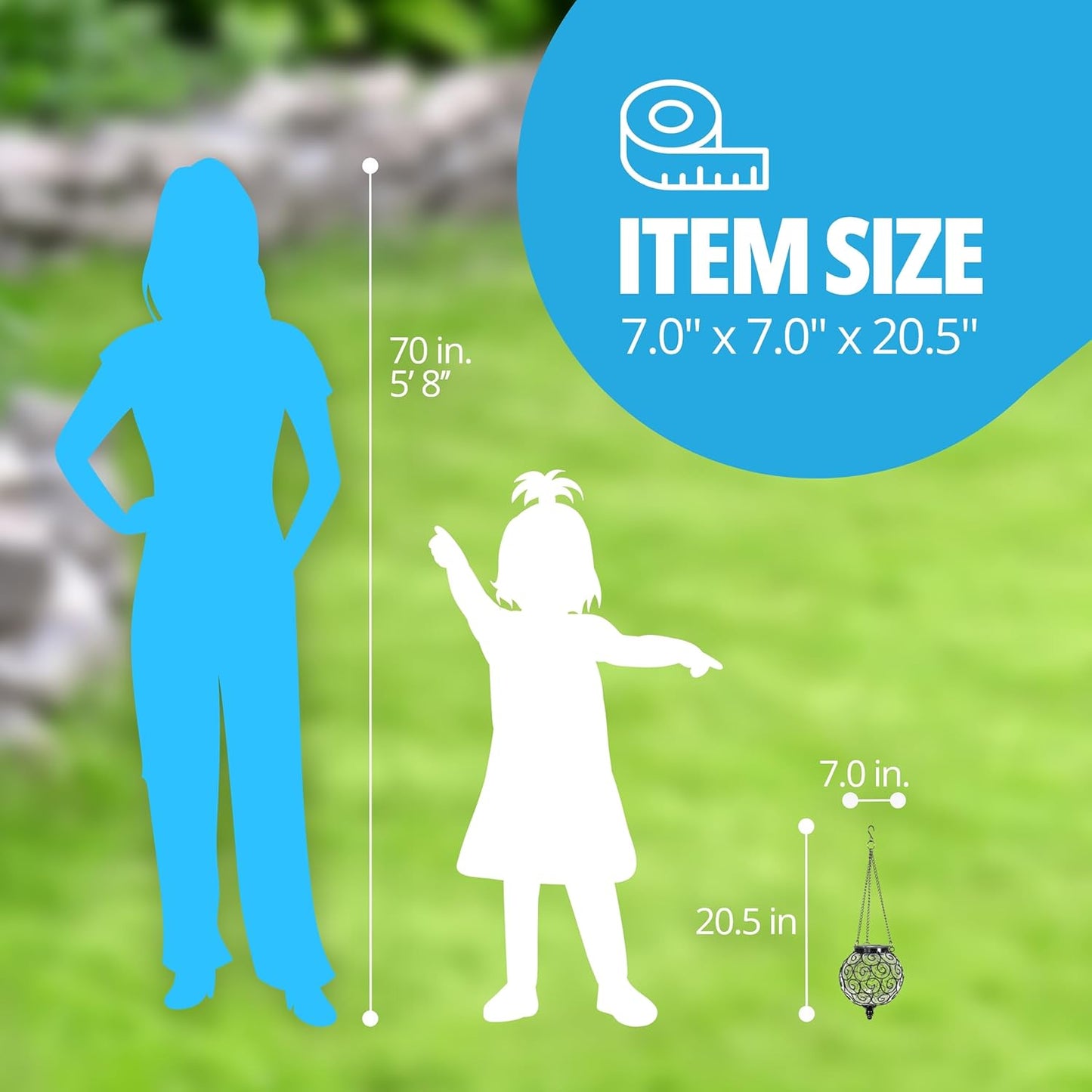 Outdoor Garden Solar Hanging Lantern with Round Glass and Metal Design, 15 Firefly LED Lights, 7 x 20 Inches, Clear Finish