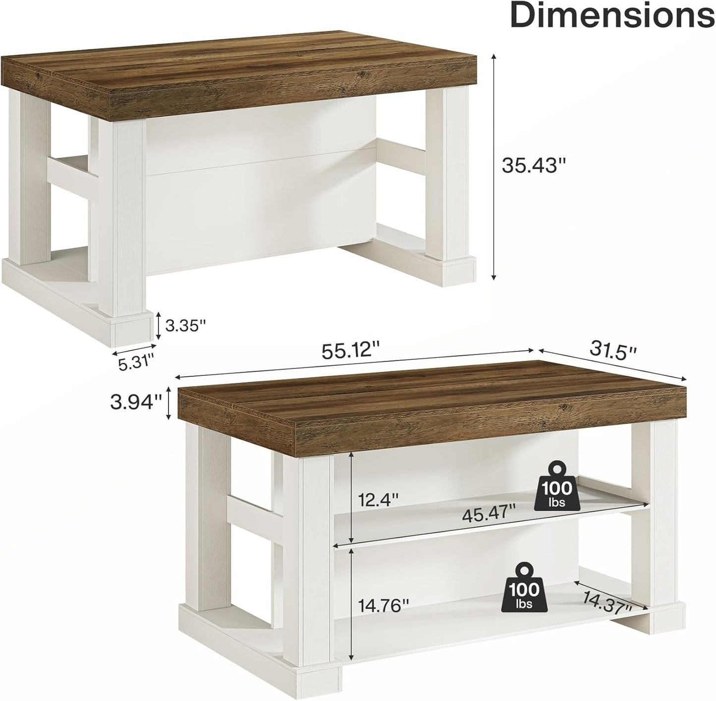 55-Inch Kitchen Island with Seating and Storage, 3-Tier Farmhouse Wood Stationary Table with Ample Worktop and Legroom, Coffee Bar Table with Storage Shelves in White and Brown