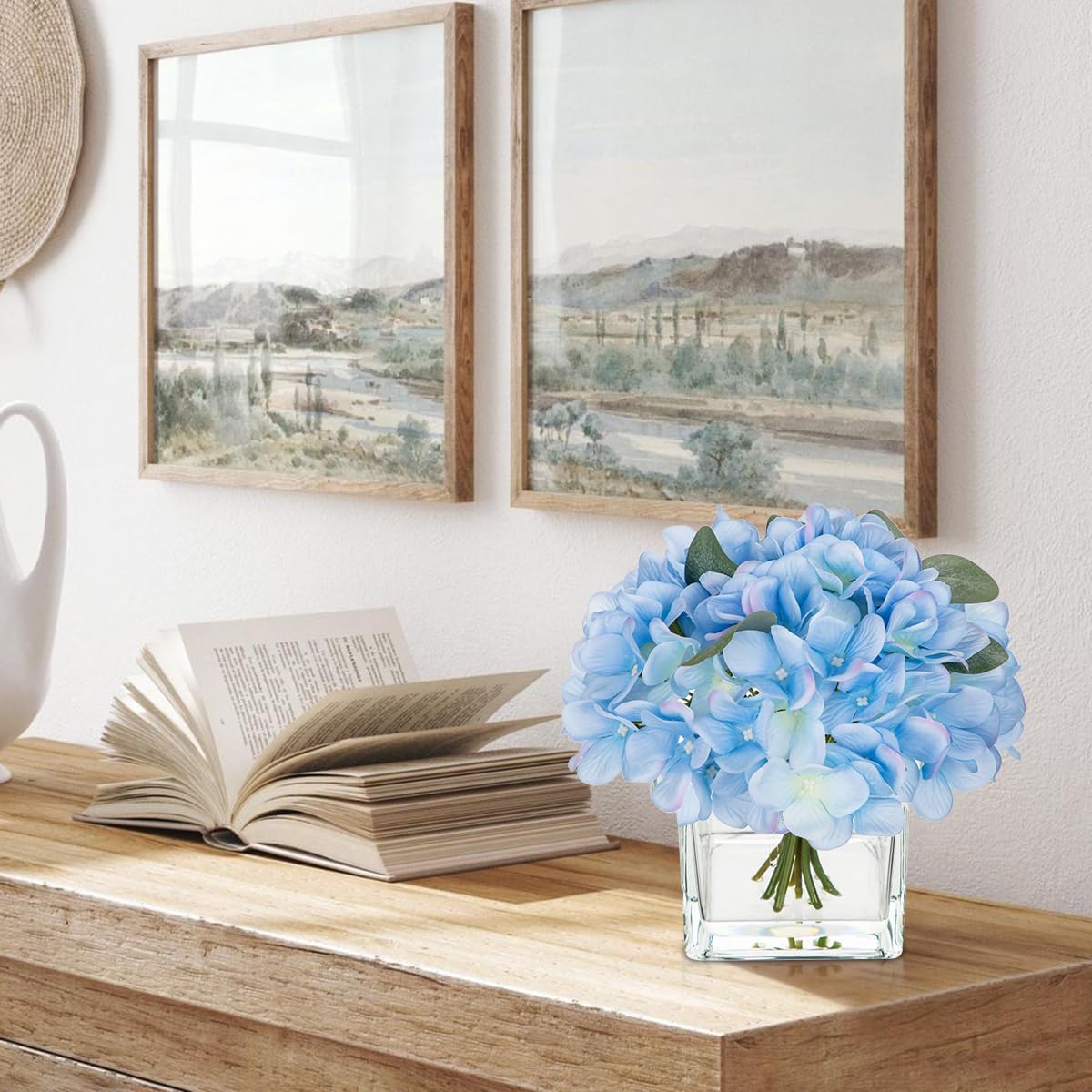 Modern Artificial Hydrangea, Peony, and Rose Silk Floral Arrangement with Vase - Blue, 7" H x 4" W x 4" D, Home Decor Accent