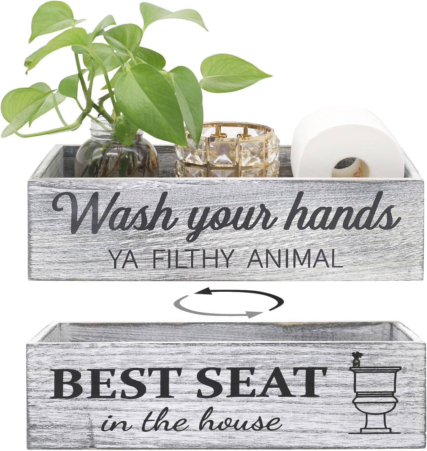 Rustic Whitewashed Bathroom Box – Double-Sided Sign Toilet Tank Basket