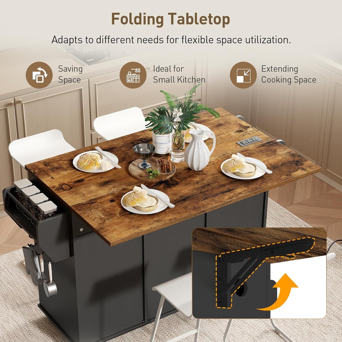 Kitchen Island with Power Outlets and Drop Leaf, Storage Drawer, Spice Rack, and Tower Rack in Black and Rustic Brown