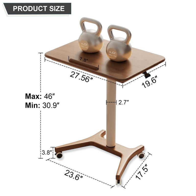 Solid Wood Mobile Standing Desk, Adjustable Work Table with Wheels, Space Saving, Rolling Standing Desk for Home Office, Bedroom,Couch
