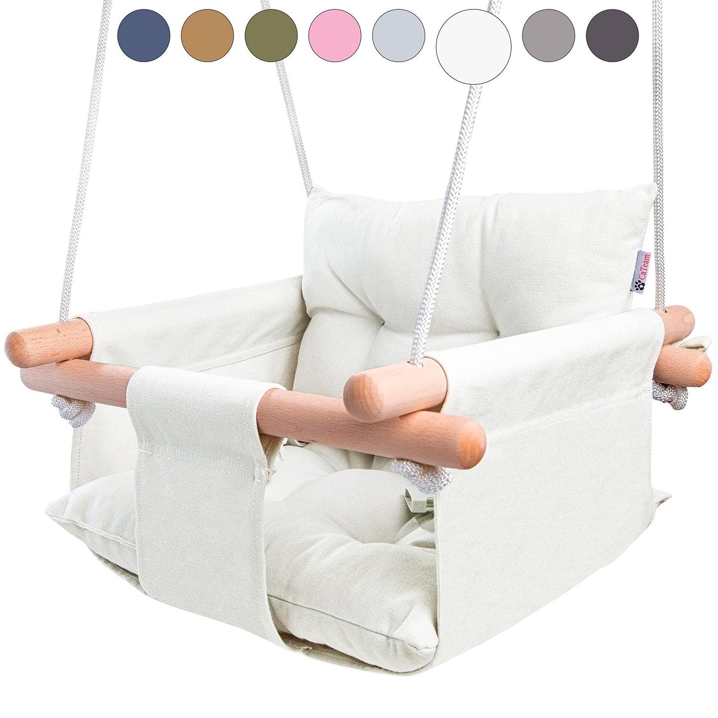 Canvas Baby Swing with Wooden Frame and Safety Belt - Sturdy Indoor/Outdoor Swing Chair for Children, Complete with Mounting Hardware, Ivory