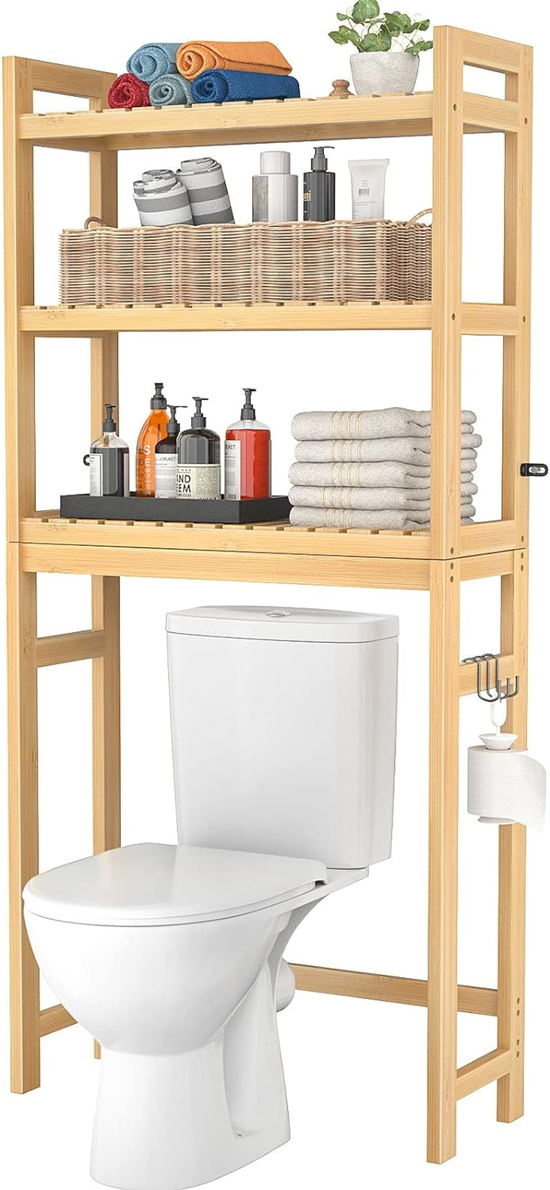 Bamboo 3-Tier Over-Toilet Organizer with Hooks – Freestanding Bathroom & Laundry Storage, White