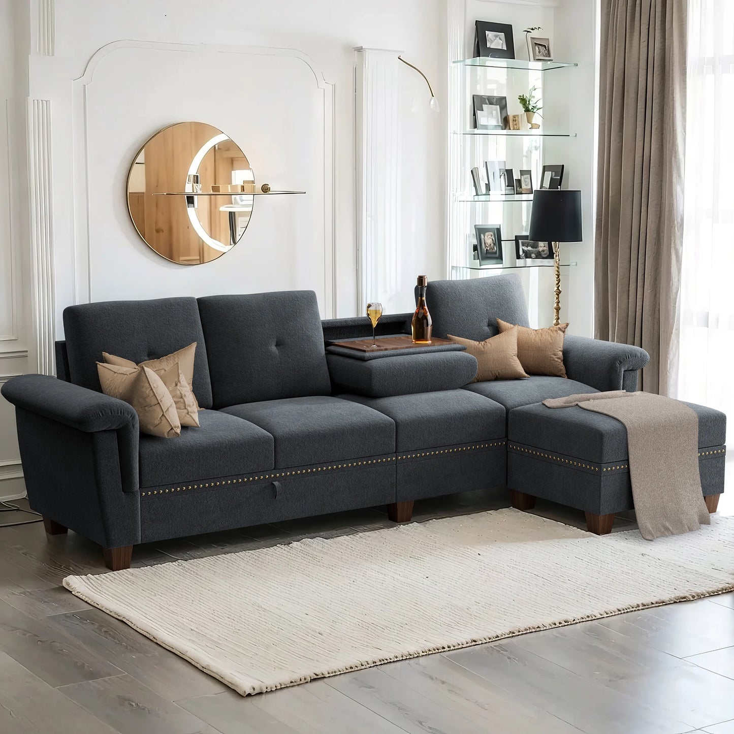 Convertible L-Shaped Sectional Sofa with Storage Chaise & Cup Holders – 4-Seater