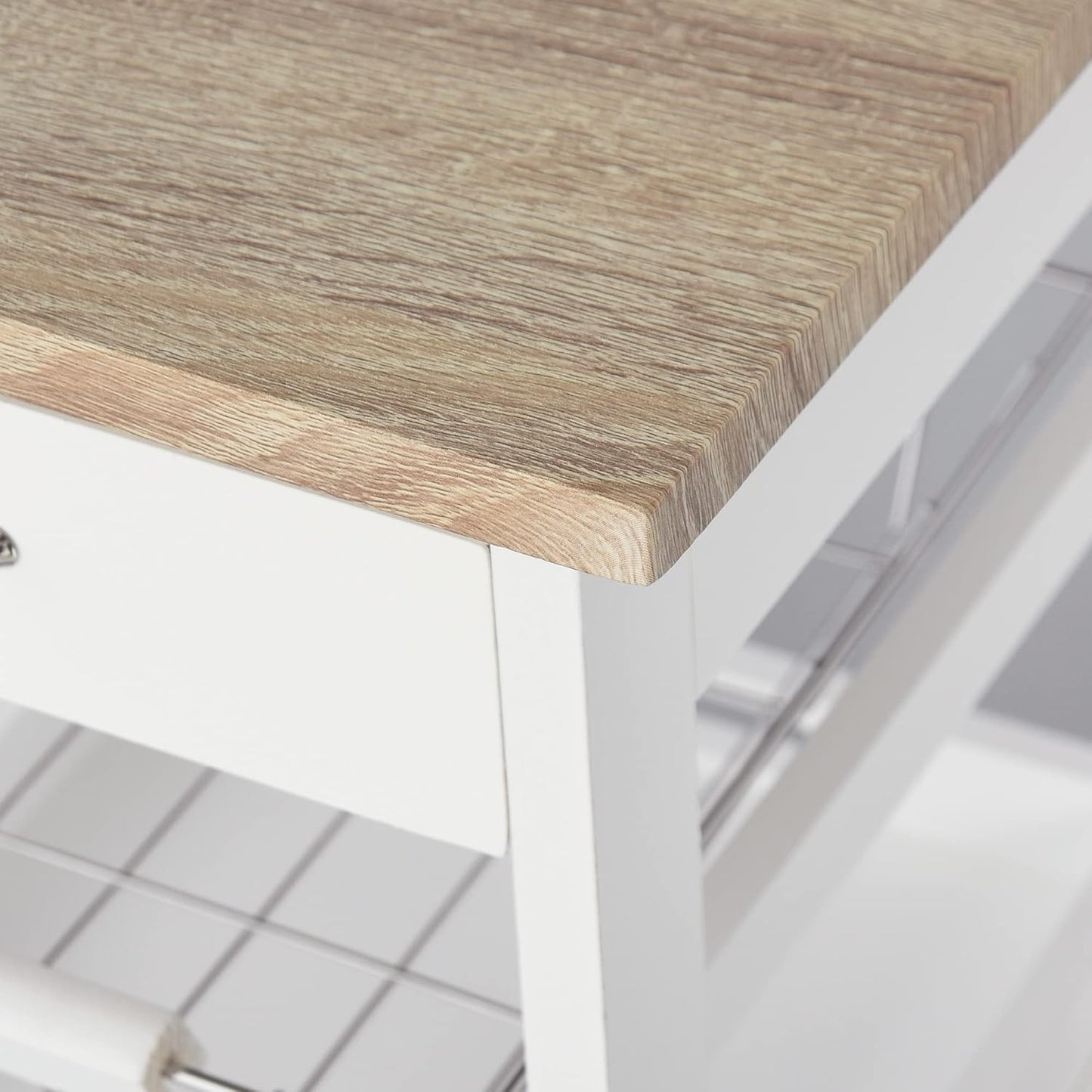 Rolling Kitchen Island Cart with Storage, Solid Wood Frame, Wire Fruit Baskets, Trays, and Drawer, White