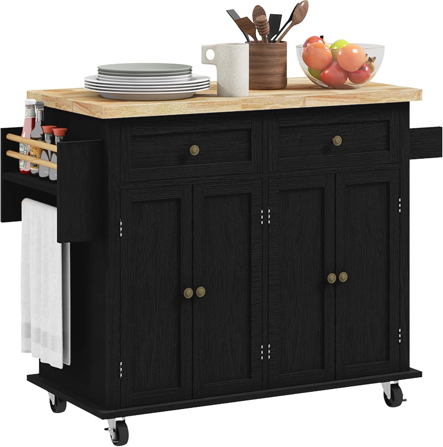 Rolling Kitchen Island Cart with Rubberwood Top, Adjustable Shelves, Drawers, Spice Rack, and Towel Rack in Brown Oak Finish