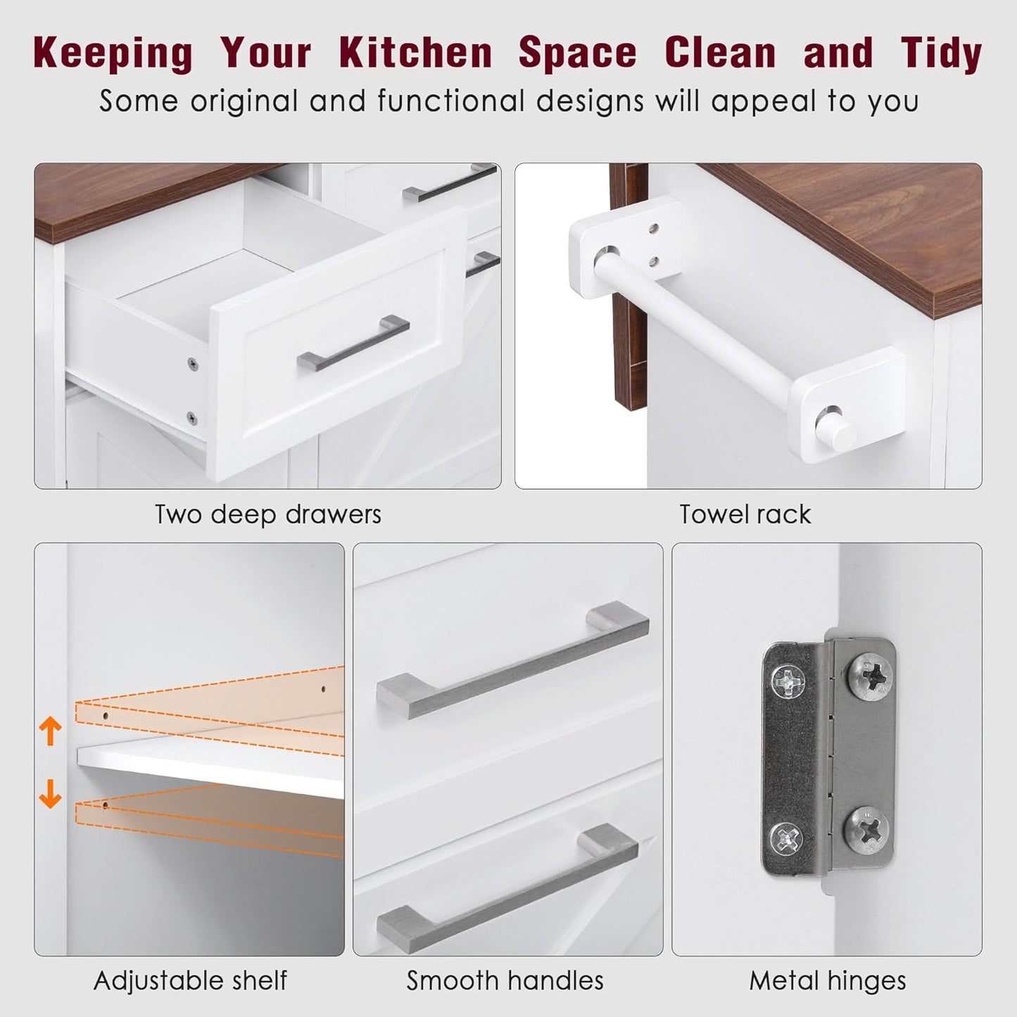 Stylish and Functional Portable White Kitchen Island with Trash Can Storage, Wheels, and Versatile Drawers for Small Spaces