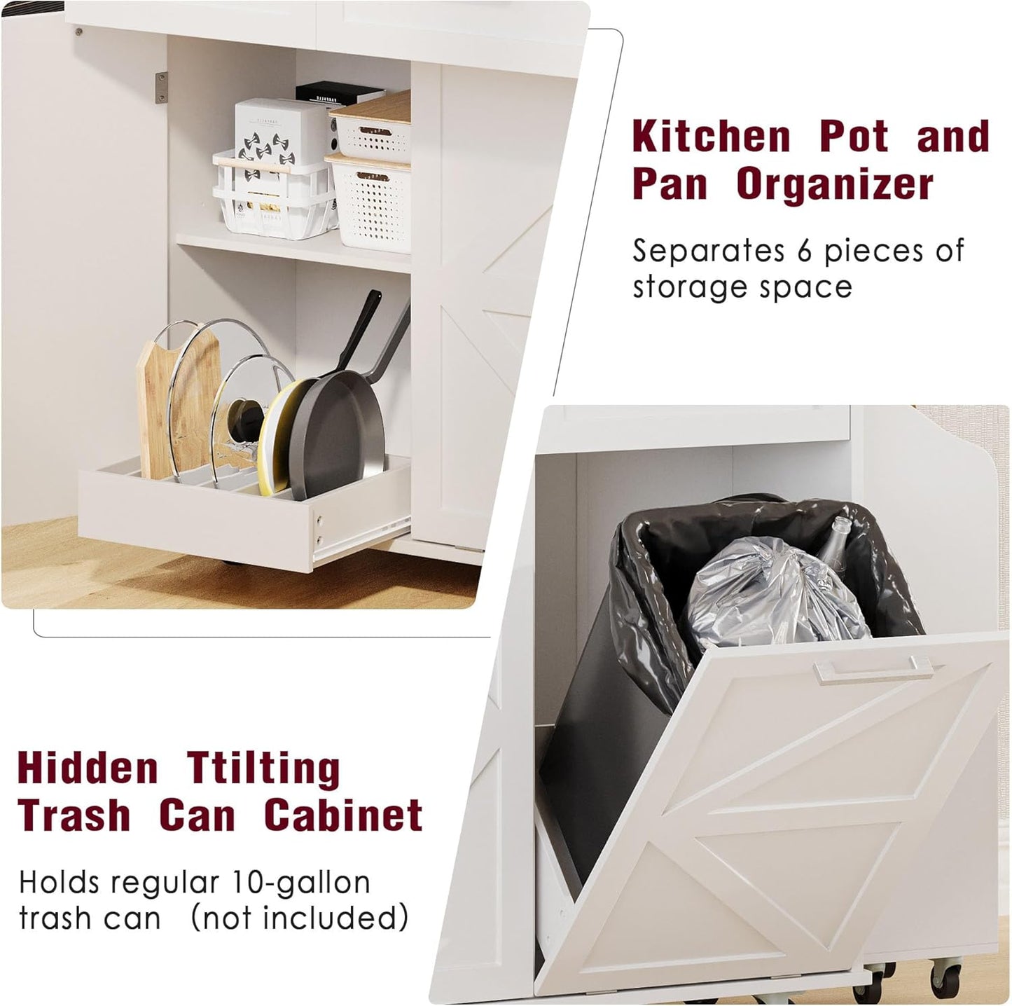Stylish and Functional Portable White Kitchen Island with Trash Can Storage, Wheels, and Versatile Drawers for Small Spaces