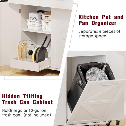 Stylish and Functional Portable White Kitchen Island with Trash Can Storage, Wheels, and Versatile Drawers for Small Spaces