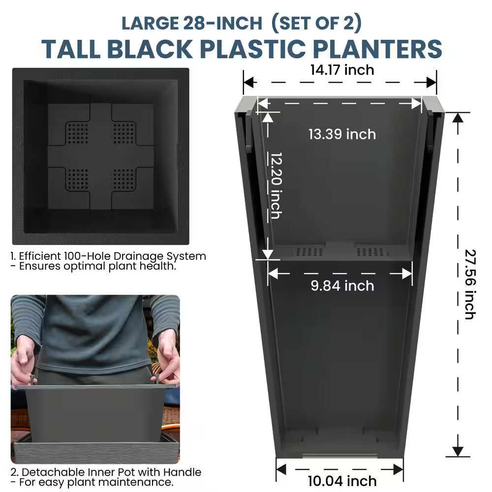 Set of 2 Tall Square Planter Pots – 27.5" Charcoal Black, Indoor/Outdoor Use