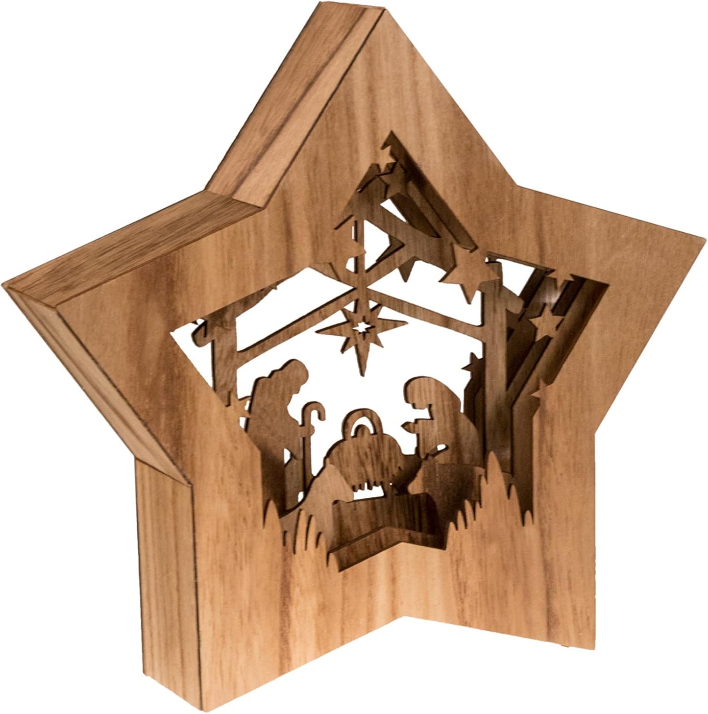 Wooden Star-Shaped Nativity Scene Christmas Ornament with LED Lighting 