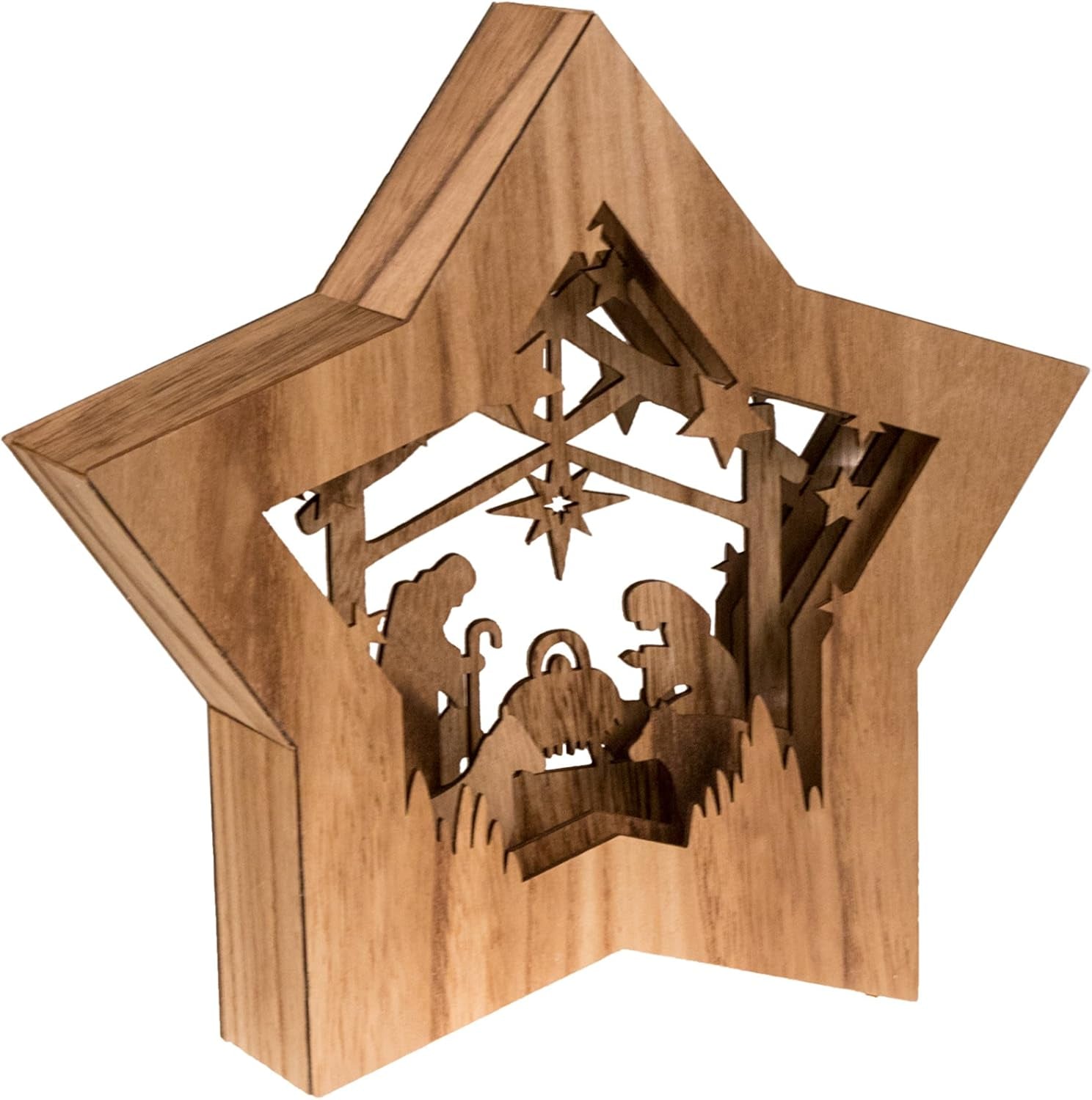 Wooden Star-Shaped Nativity Scene Christmas Ornament with LED Lighting 