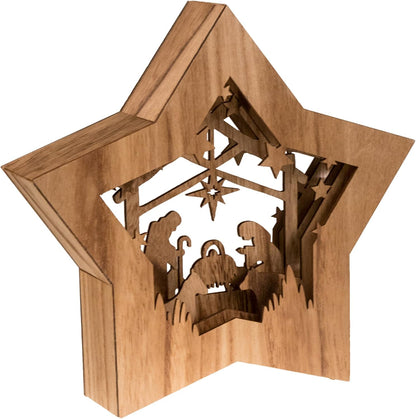 Wooden Star-Shaped Nativity Scene Christmas Ornament with LED Lighting 