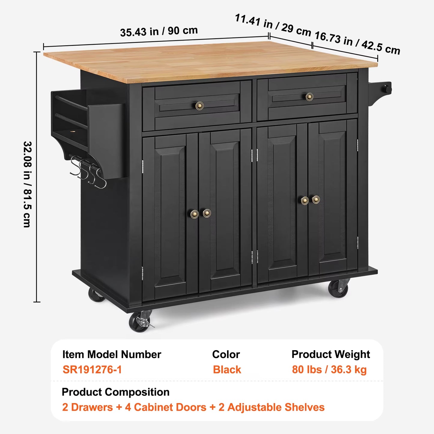 Utility Kitchen Cart with Storage and Expandable Top