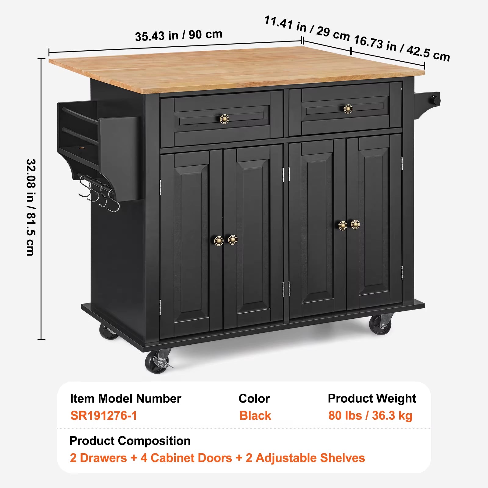 Utility Kitchen Cart with Storage and Expandable Top