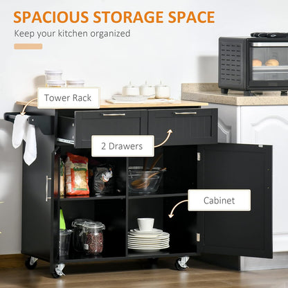  Rolling Kitchen Island Cart with Storage and Rubberwood Top