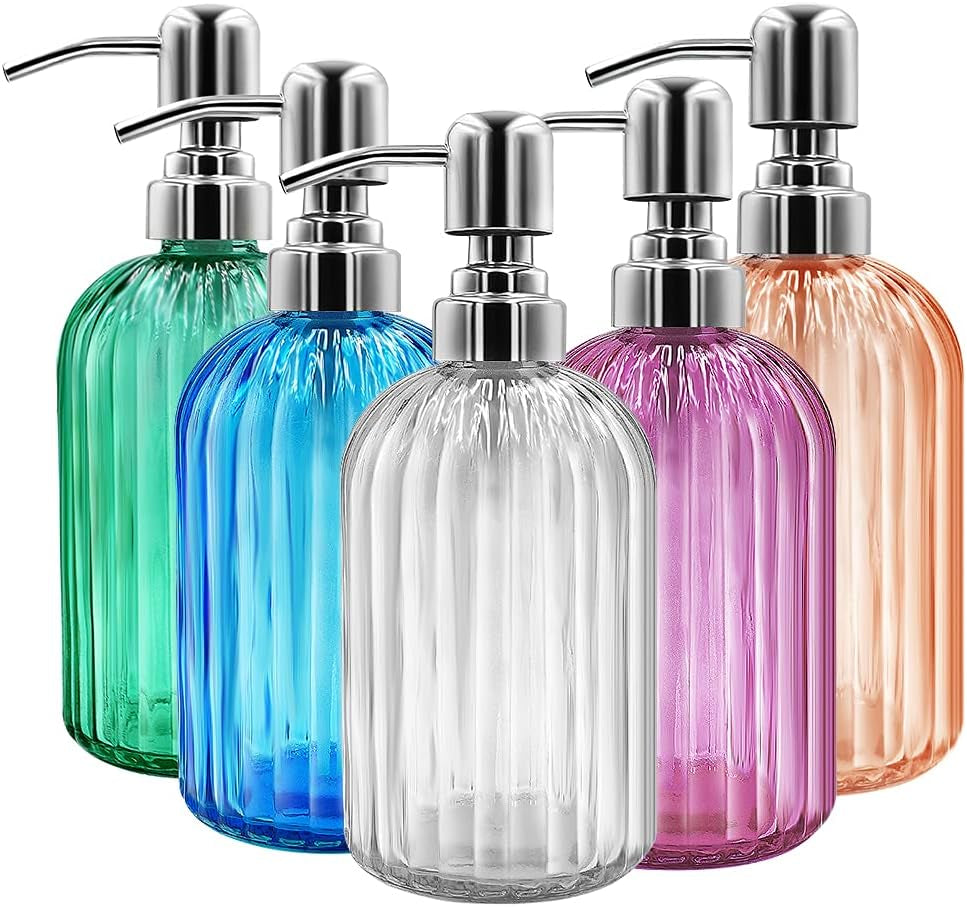 Glass Soap Dispenser Set – 2 Refillable 14 oz Bottles with Stainless Pumps