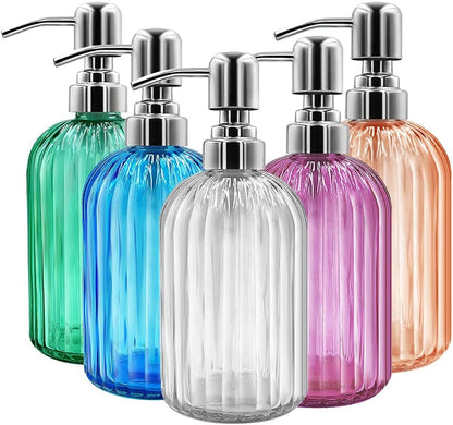 Glass Soap Dispenser Set – 2 Refillable 14 oz Bottles with Stainless Pumps
