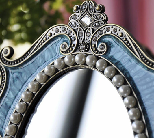 Vintage Oval Metal Vanity Mirror - Decorative Makeup Stand for Home, Bedroom, and Bathroom 