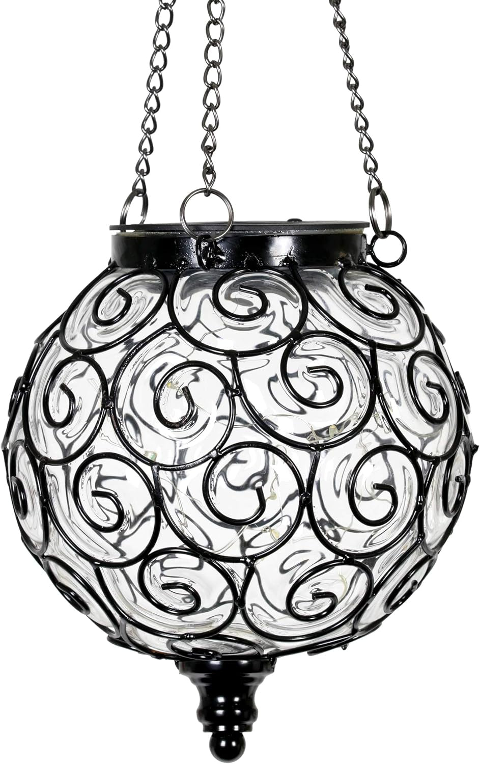 Outdoor Garden Solar Hanging Lantern with Round Glass and Metal Design, 15 Firefly LED Lights, 7 x 20 Inches, Clear Finish