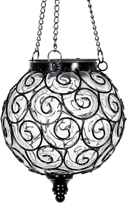 Outdoor Garden Solar Hanging Lantern with Round Glass and Metal Design, 15 Firefly LED Lights, 7 x 20 Inches, Clear Finish