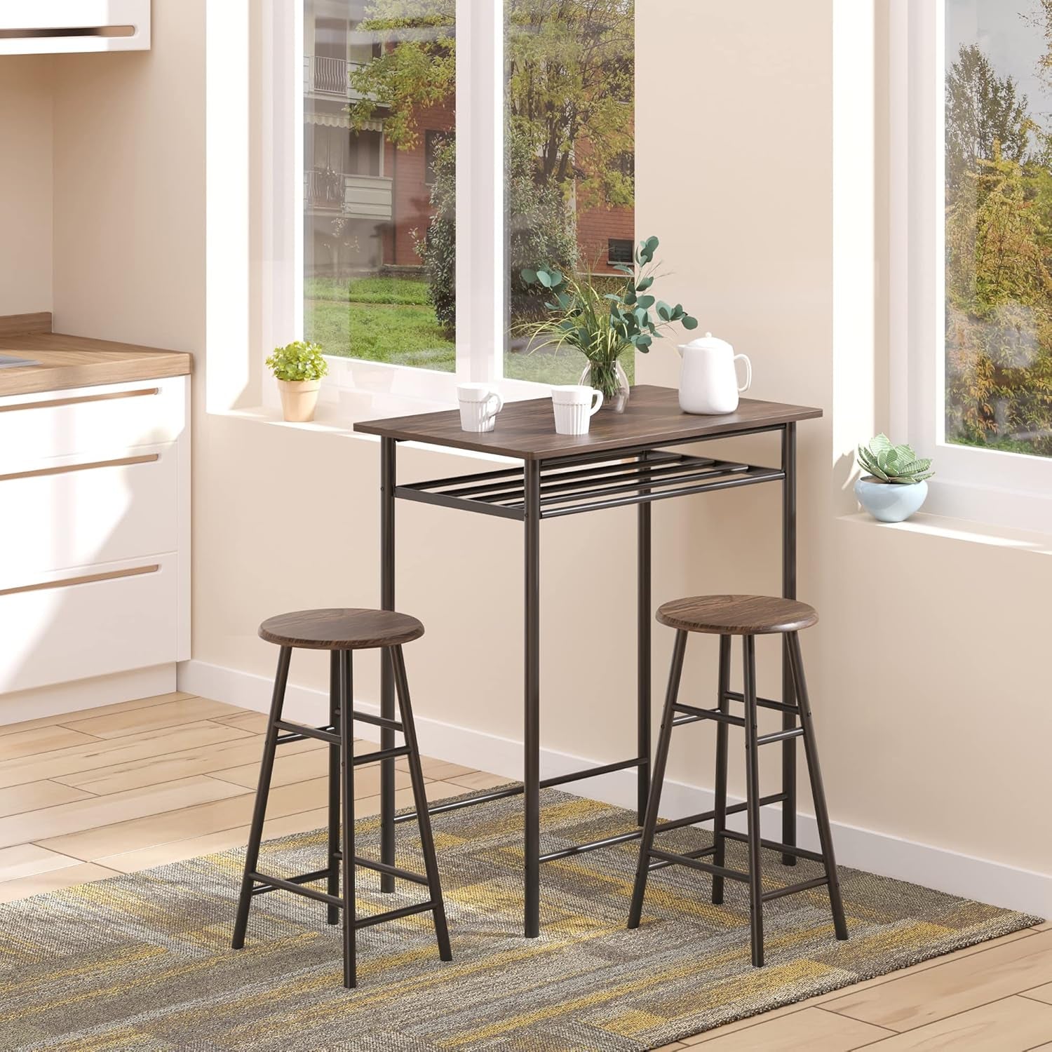 3-Piece Counter Height Bar Table Set with Two Stools and Storage Shelf, Metal Frame Footrest, Black and Brown