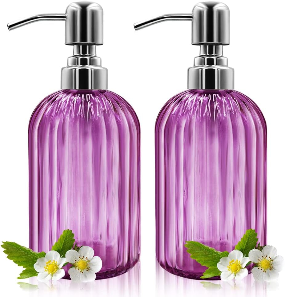 Glass Soap Dispenser Set – 2 Refillable 14 oz Bottles with Stainless Pumps