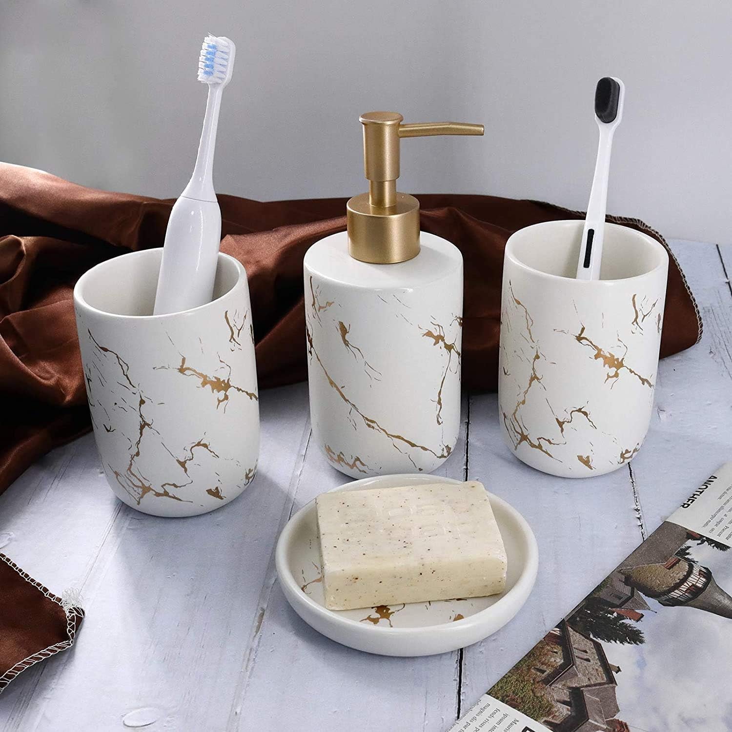 4-Piece Cream Bathroom Set – Ceramic Dispenser, Tumblers & Soap Dish