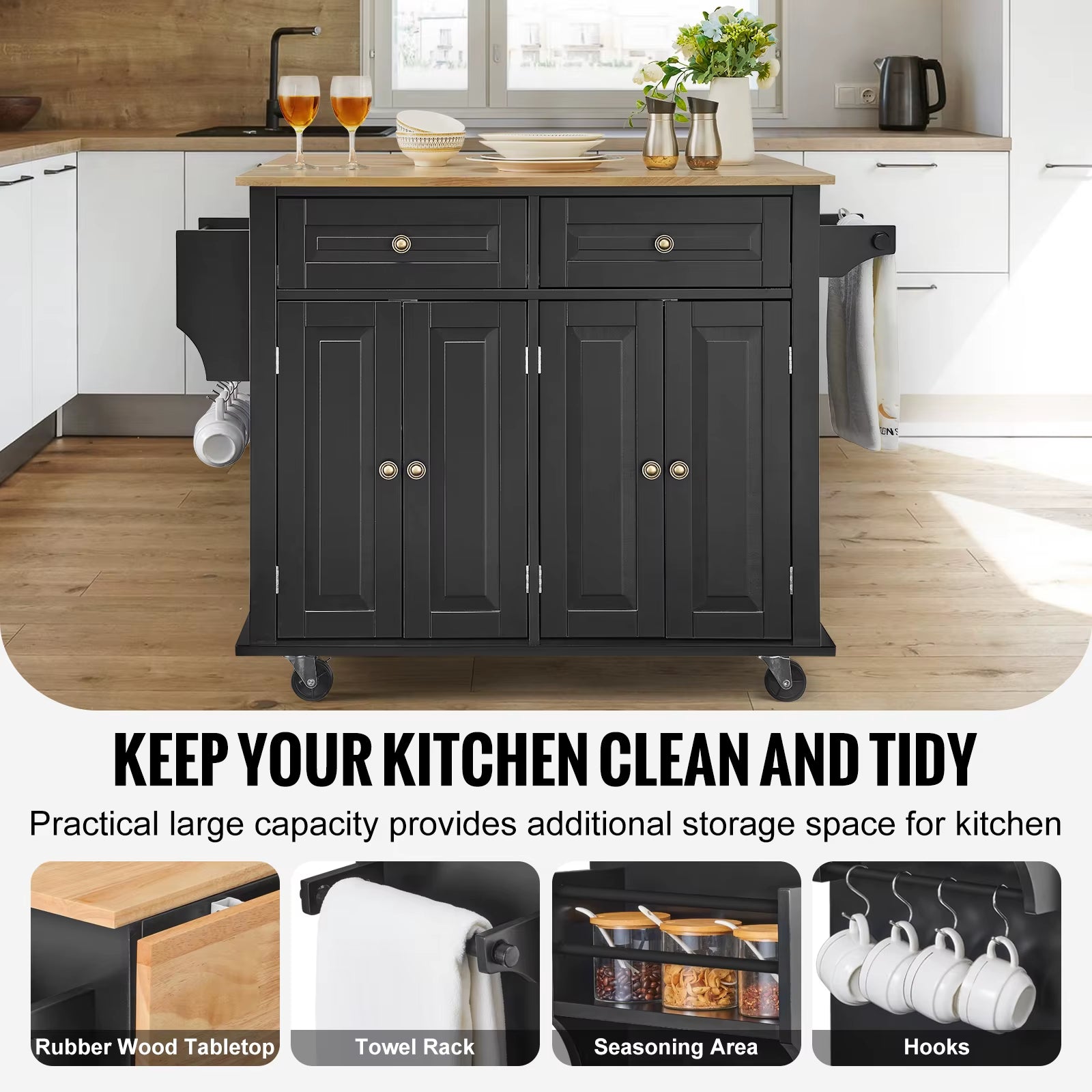 Utility Kitchen Cart with Storage and Expandable Top