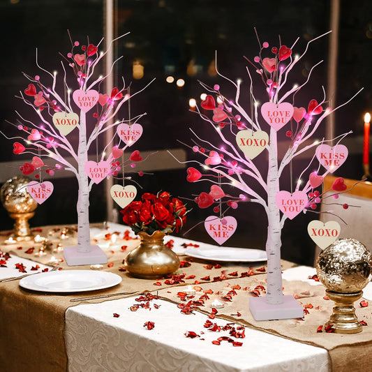 24-Inch Valentine's Day Birch Tree Light Set with Heart Ornaments - Pack of 2