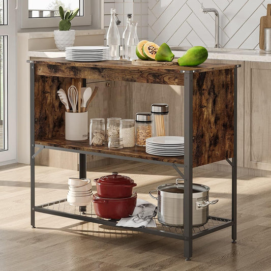Industrial Kitchen Island with Storage and Open Shelves, Coffee Bar Buffet Cabinet Station