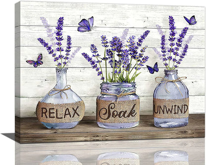 Cozy Farmhouse Bathroom Wall Art – ‘Relax, Soak & Unwind’ Cotton Canvas, 12x16 Framed