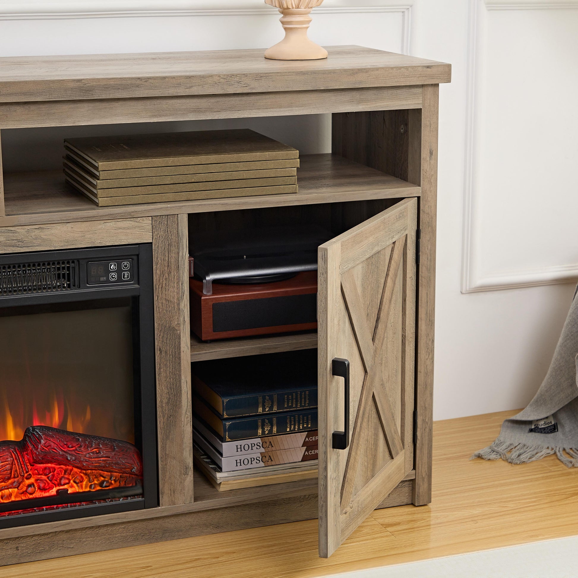 Farmhouse TV Stand with Electric Fireplace – Fits 65" TVs
