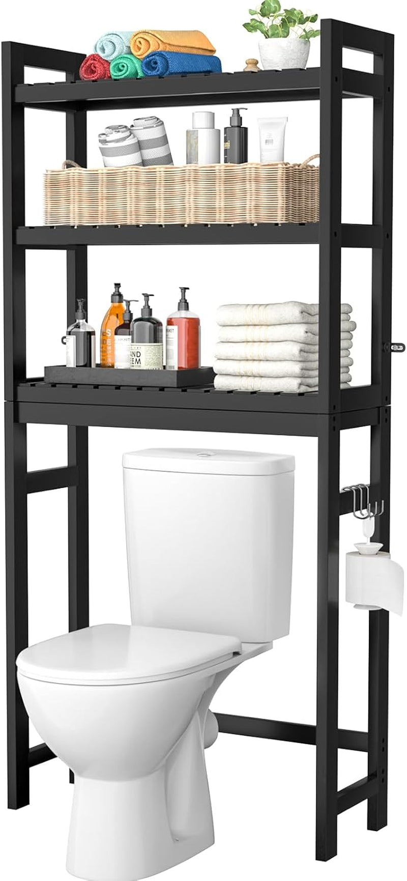 Bamboo 3-Tier Over-Toilet Organizer with Hooks – Freestanding Bathroom & Laundry Storage, White