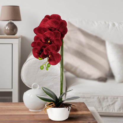 Artificial Red Orchid Plant - Burgundy Faux Flowers for Home Decor, Kitchen, Party, and Hotel Centerpieces - 17" Floral Arrangement