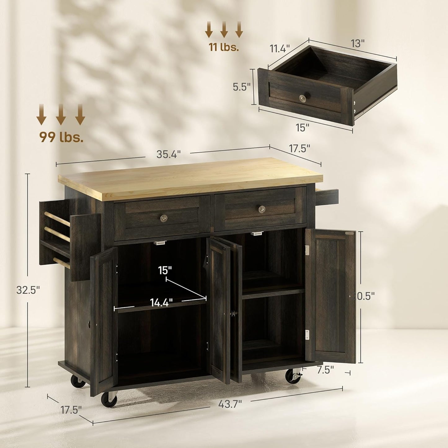 Rolling Kitchen Island Cart with Rubberwood Top, Adjustable Shelves, Drawers, Spice Rack, and Towel Rack in Brown Oak Finish