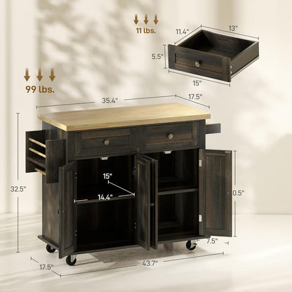 Rolling Kitchen Island Cart with Rubberwood Top, Adjustable Shelves, Drawers, Spice Rack, and Towel Rack in Brown Oak Finish