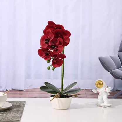 Artificial Red Orchid Plant - Burgundy Faux Flowers for Home Decor, Kitchen, Party, and Hotel Centerpieces - 17" Floral Arrangement