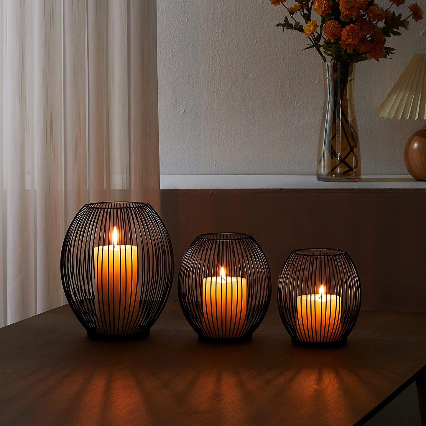Outdoor Decorative Candle Holder Set - Black Wire Hurricane Holders for Pillar Candles - Elegant Centerpiece Accents