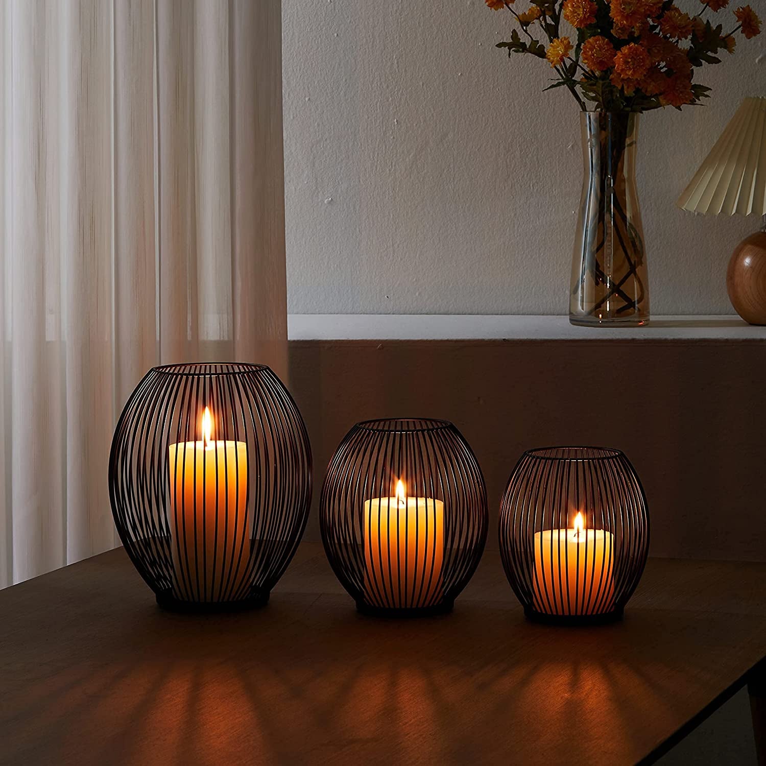 Outdoor Decorative Candle Holder Set - Black Wire Hurricane Holders for Pillar Candles - Elegant Centerpiece Accents