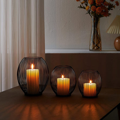 Outdoor Decorative Candle Holder Set - Black Wire Hurricane Holders for Pillar Candles - Elegant Centerpiece Accents