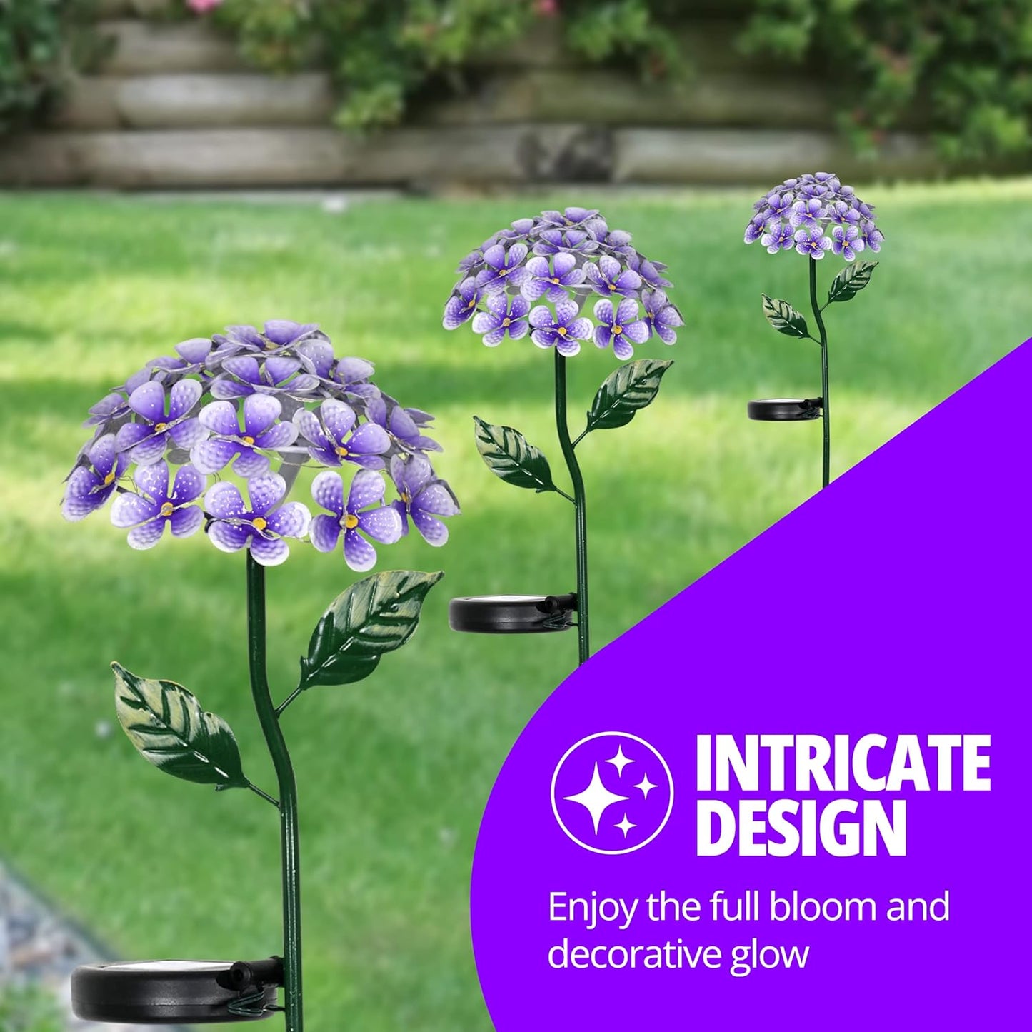 Hydrangea Flower Garden Stake Solar Lights with 26 LEDs, Metal Outdoor Accent in Purple, 7 x 21.5 Inches