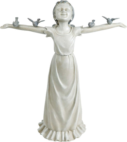Basking in Glory Outdoor Garden Statue of Little Girl with Birds, 29 Inches Tall, Cast Stone Resin with Two-Tone Finish