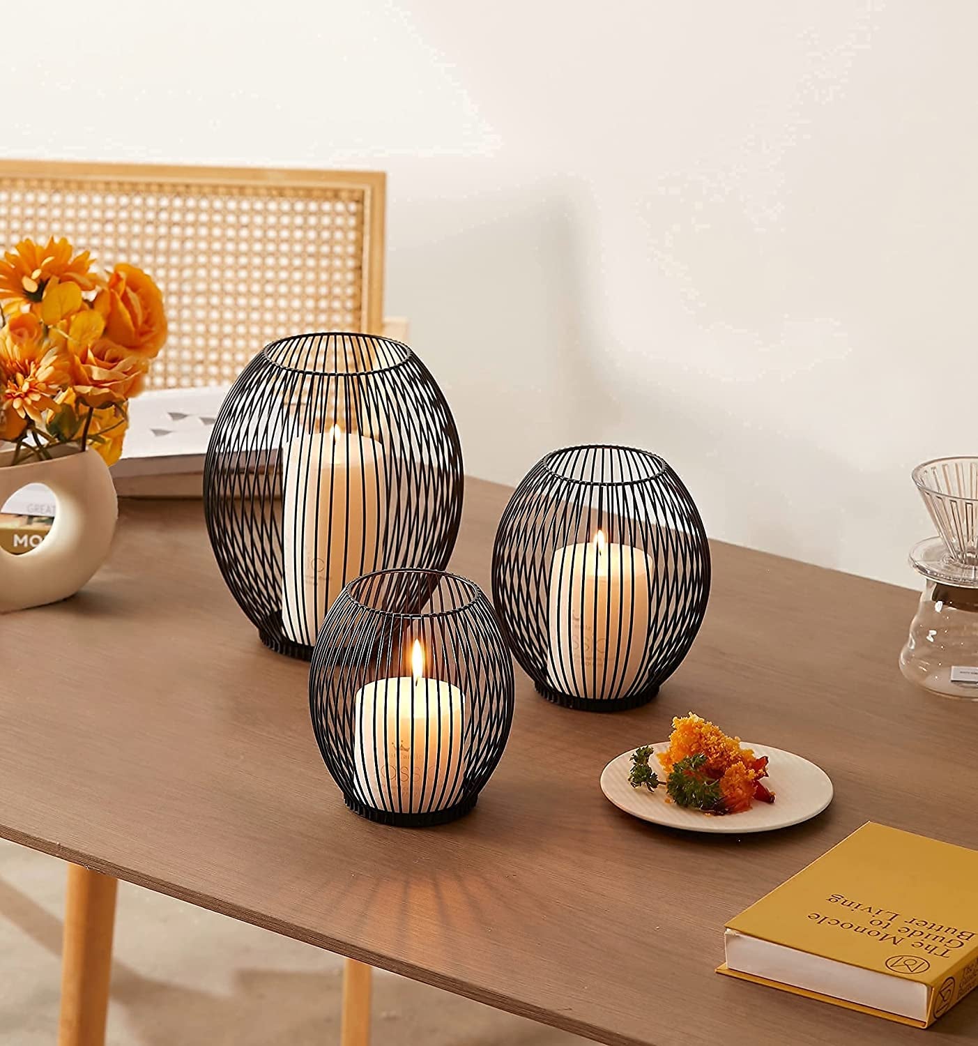 Outdoor Decorative Candle Holder Set - Black Wire Hurricane Holders for Pillar Candles - Elegant Centerpiece Accents