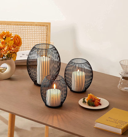 Outdoor Decorative Candle Holder Set - Black Wire Hurricane Holders for Pillar Candles - Elegant Centerpiece Accents