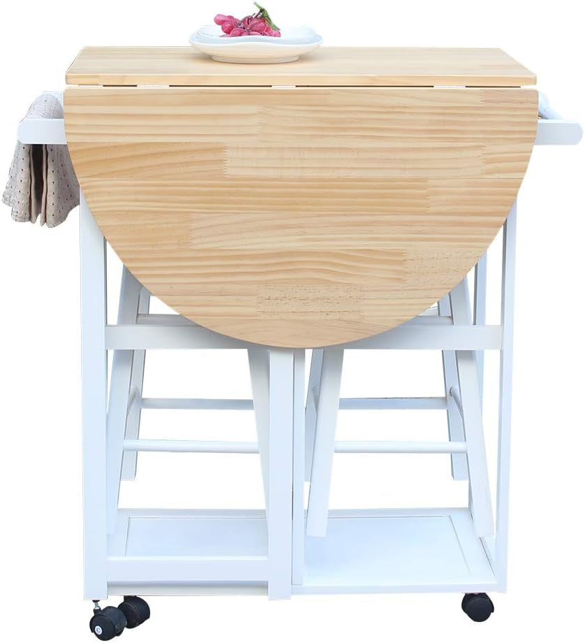 Foldable Dining Table Set with Kitchen Island Trolley Cart, Two Stools, and Two Drawers - Solid Wood Drop Leaf Breakfast and Serving Cart in Semicircle Design, White Finish