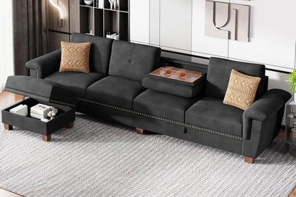 Convertible L-Shaped Sectional Sofa with Storage Chaise & Cup Holders –  4-Seater